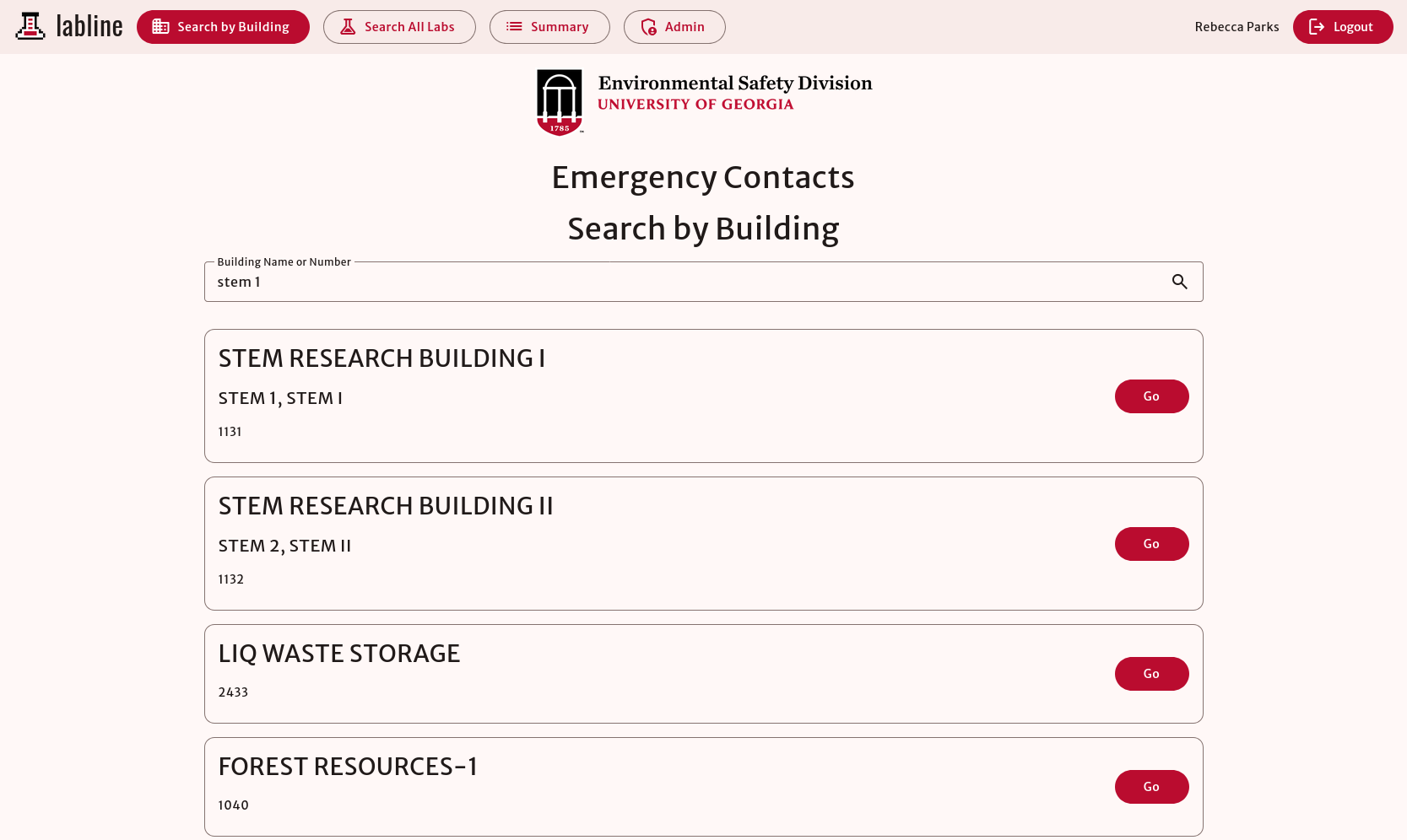 Labline building search page, showing multiple University of Georgia buildings